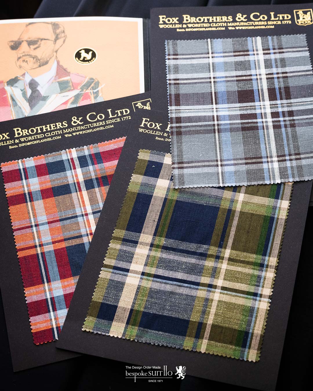 FOXBROTHERSフォックスブラザーズが毎月季節に応じた生地を提案●JULY(ジュライ)  250TH ANNIVERSARY COLLECTION -MADRAS CHECKS- 51% WOOL & 49% LINEN 230/260gms エネルギッシュなカラーを使った豊穣なチェック地、マドラスチェックは12 世紀頃にインドのマドラス村で生み出されました。現在はシャツ、スーツ、 アクセサリーなどに使われ世界中のウェルドレッサーが愛用しています。イラストはジェシカ・バード。-MR. CORDEAUX'S SUMMER SUITING 51% WOOL & 49% LINEN 320/350gms「このカラーの数々は、私がフィレンツェを訪れるようになってからずっと欲 しかったものでした。派手さはないが、リッチでタイムレスなトーン。画家 ポンペオ・バトーニによって描かれた、“グランドツアー”からインスピレ ーションを得ました」とダグラス・コルドー社長。